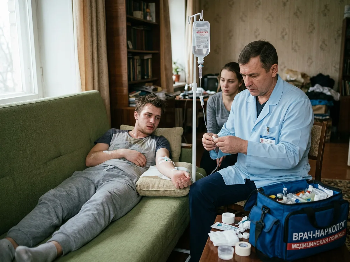 Врач-нарколог проводит процедуру пациенту с наркотической зависимостью, снятие ломки дома, медицинская помощь