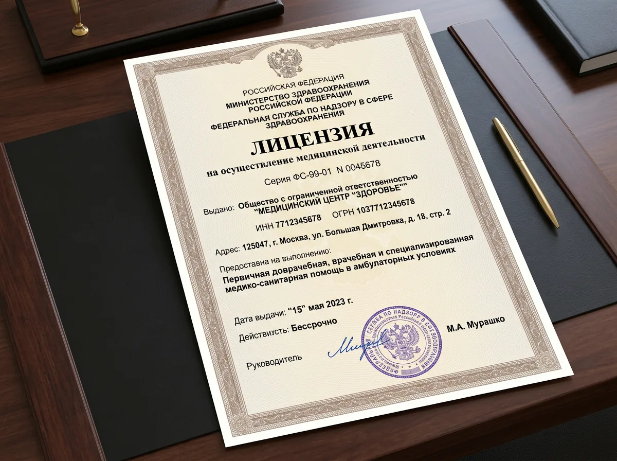Лицензия на медицинскую деятельность Росздравнадзора, документ с печатью, серьёзный официальный вид