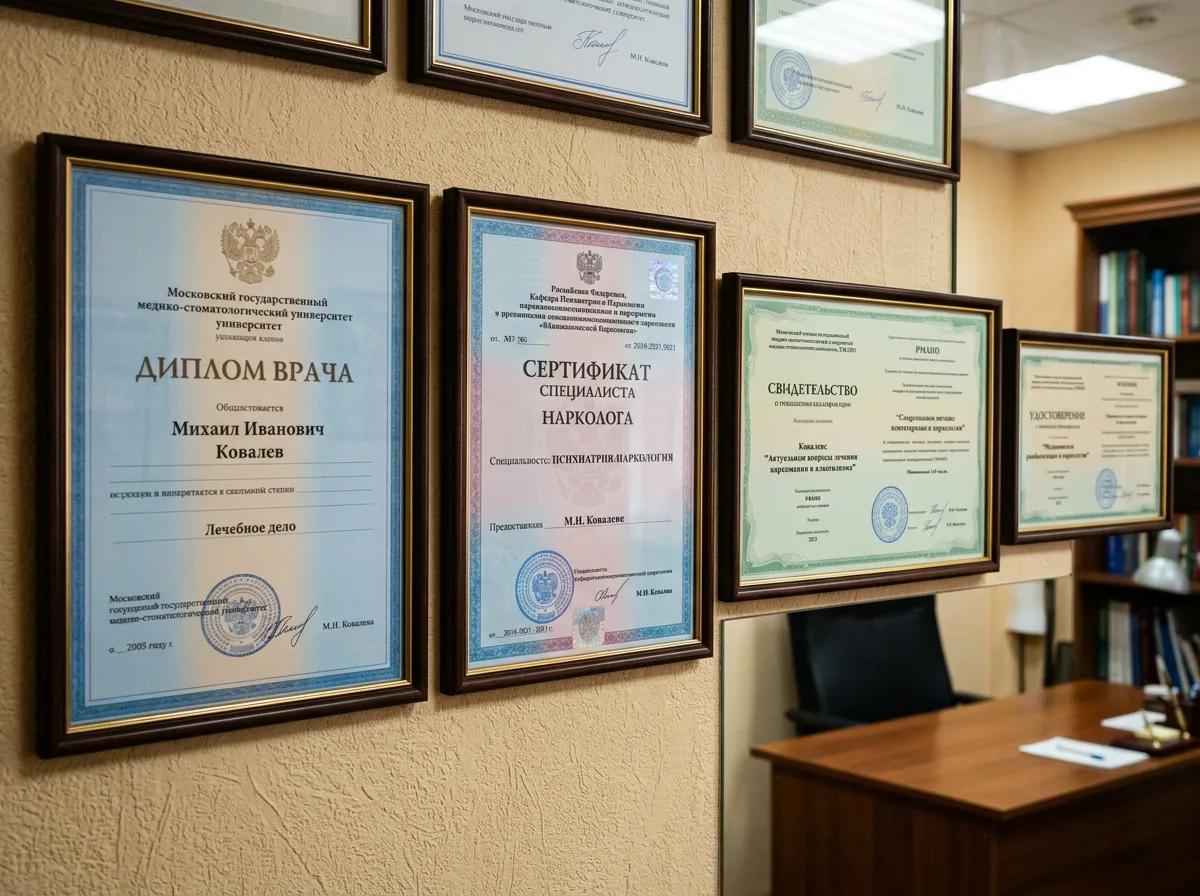 Сертификаты специалистов наркологов, дипломы врачей, документы о повышении квалификации